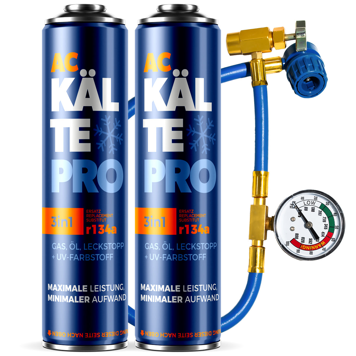 2X KÄLTEPRO 3in1 Set – Äquivalent zu 1510g Kältemittel R134a + Schlauch