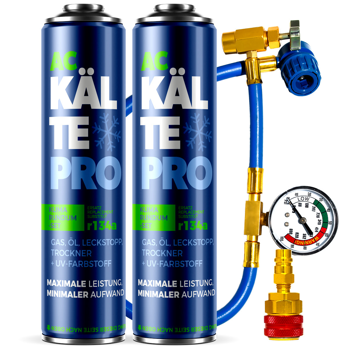 2X KÄLTEPRO 5in1 Set - Äquivalent zu 1510g Kältemittel R134a + Schlauch + HP/LP Adapter
